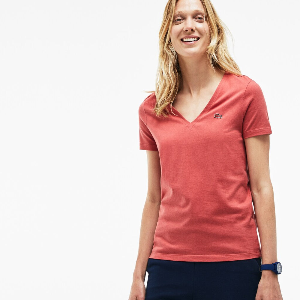 Womens Wo Slim Fit V-Neck Cotton Jersey T-shirt | Lacoste Pink • Zv9