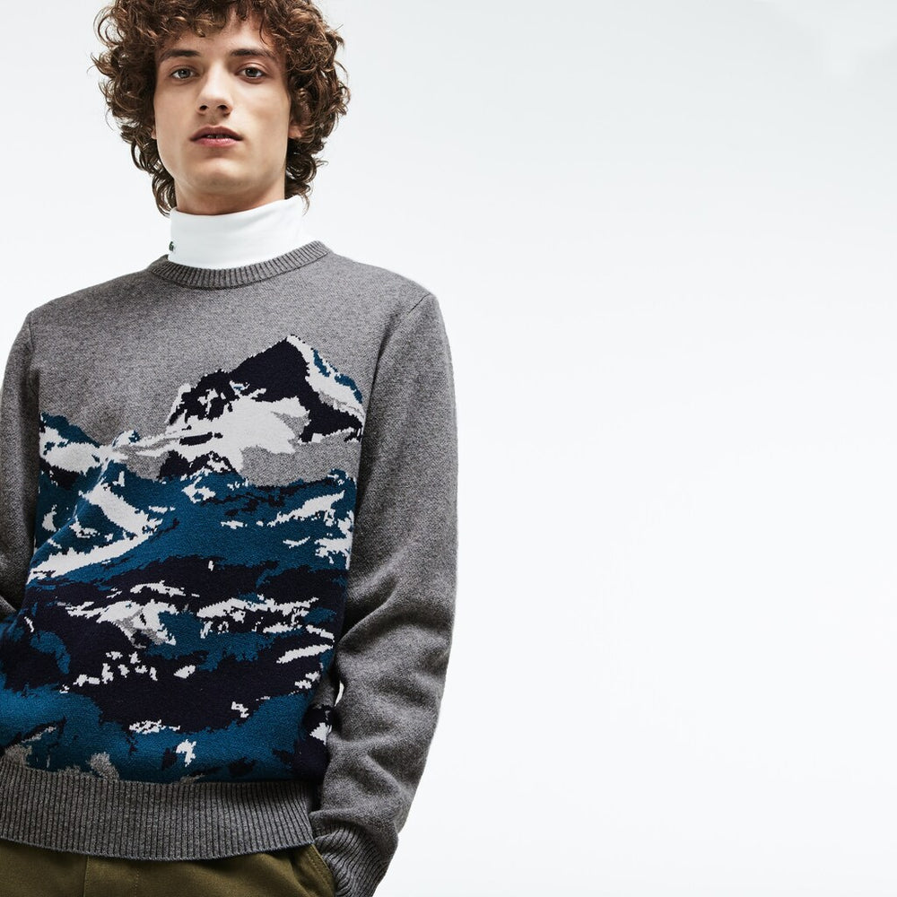 Mens Crew Neck Alpine Print Wool And Cotton Jacquard Sweater | Lacoste Grey / Green / Blue / White • B5J