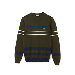 Mens Crew Neck Multicolor Striped Milano Cotton Sweater | Lacoste Khaki Green / Blue / Navy Blue / White • C3K
