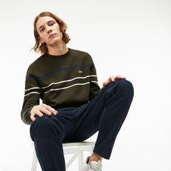 Mens Crew Neck Multicolor Striped Milano Cotton Sweater | Lacoste Khaki Green / Blue / Navy Blue / White • C3K