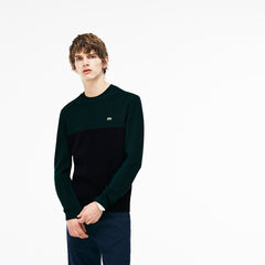 Mens Crew Neck Ribbed Wool Sweater | Lacoste Navy Blue / Green • Dvq
