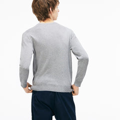 Mens Crew Neck Lettering Ribbed Pima Cotton Sweater | Lacoste Grey / White • E6W