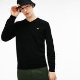 Mens V-neck Caviar Piqué Accent Cotton Jersey Sweater | Lacoste Black / White / Black • N72