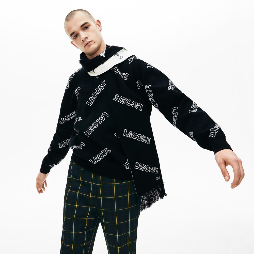 Mens Lacoste LIVE Lettering Cashmere And Cotton Scarf | Lacoste Black / White • 258