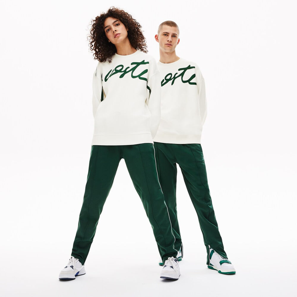 Mens Unisex LIVE Signature Texturized Fleece Sweatshirt | Lacoste White / Green • X0N