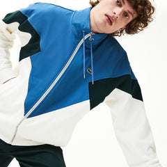 Mens Standup Collar Color-Blocked Cotton Fleece Jacket | Lacoste White / Green / Blue • 1V1
