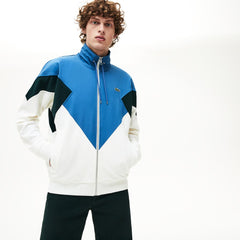 Mens Standup Collar Color-Blocked Cotton Fleece Jacket | Lacoste White / Green / Blue • 1V1