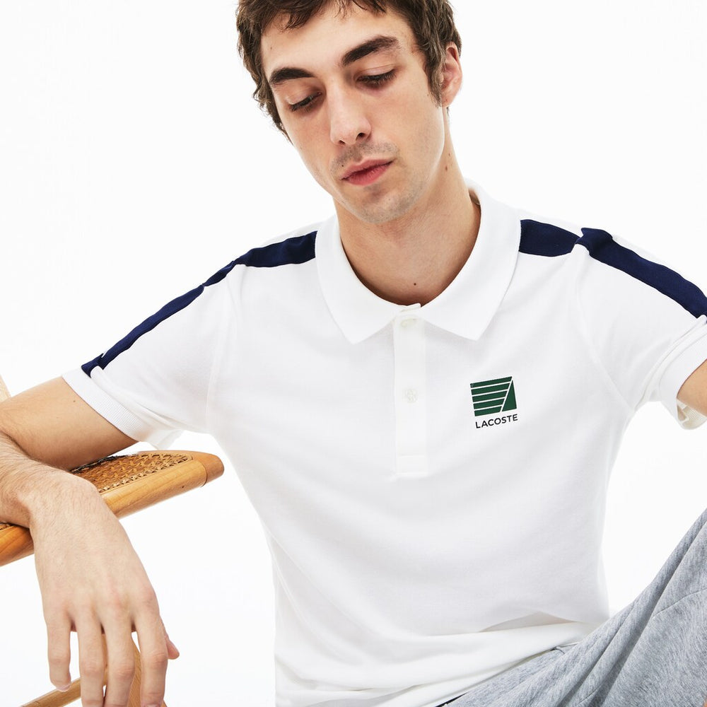 Mens Slim Fit Cotton Mini Piqué Polo | Lacoste White / Navy Blue • 522