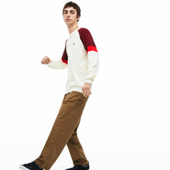 Mens Crew Neck Raglan Sleeved Sweater | Lacoste White / Red / Bordeaux • 7L5