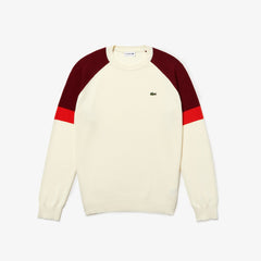 Mens Crew Neck Raglan Sleeved Sweater | Lacoste White / Red / Bordeaux • 7L5