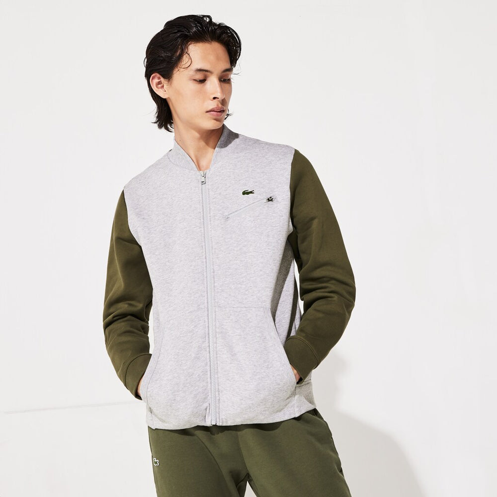 Mens SPORT Contrast-Sleeve Fleece Varsity Jacket | Lacoste Grey Chine / Khaki Green / Grey Chine • 29T