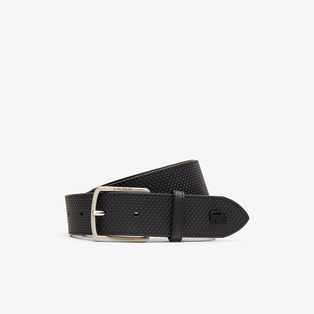 Mens Engraved-Buckle Texturized Leather Belt | Lacoste Black • 000