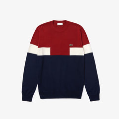 Mens Crew Neck Colorblock Wool And Cotton Blend Sweater | Lacoste Navy Blue / Bordeaux / White • Zdr