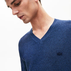 Mens V-neck Cotton Piqué Sweater | Lacoste Blue Chine • 3Gf