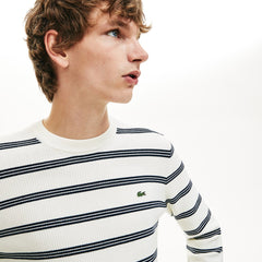 Mens Crewneck Pinstriped Wool and Cotton Sweater | Lacoste White / Navy Blue • Ev0