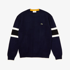 Mens Crewneck Striped-Sleeve Heathered Jacquard Sweater | Lacoste Navy Blue / Black / White / Yellow • 0W4