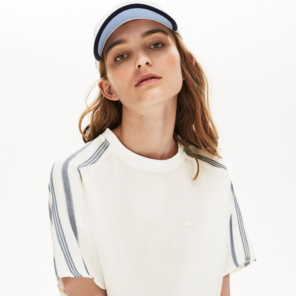 Womens Wo Striped Panel Lightweight Canvas T-shirt | Lacoste White / Navy Blue / Blue • 1A7