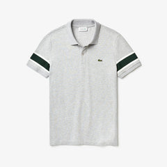 Mens Slim Fit Striped-Sleeve Stretch Cotton Piqué Polo Shirt | Lacoste Grey Chine / White / Green • 2A9