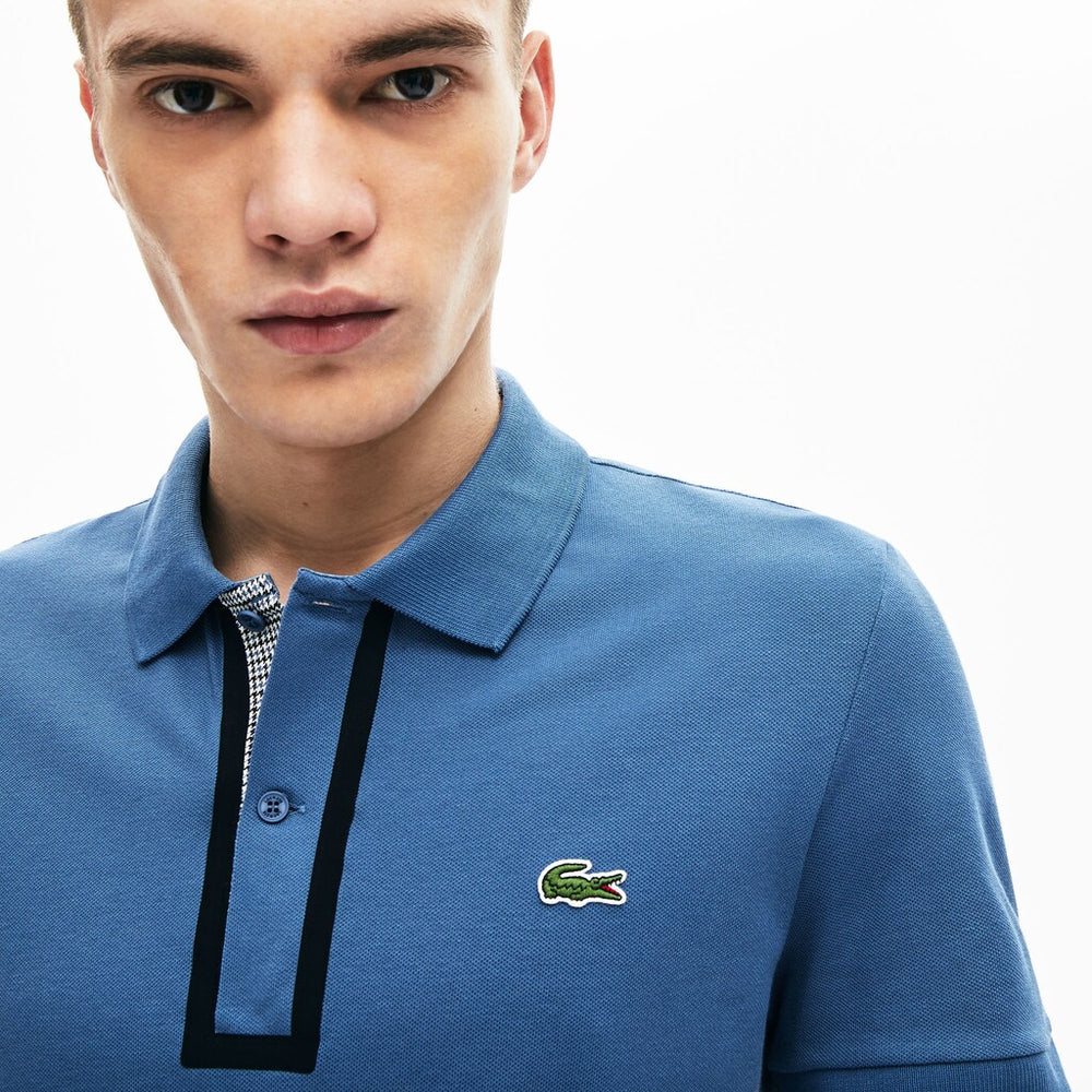 Mens Slim Fit Checkered-Placket Stretch Cotton Piqué Polo | Lacoste Blue • Pq8
