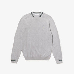 Mens Crewneck Mixed Stich And Striped Cotton Sweater | Lacoste Grey Chine / Green / White • 1G4