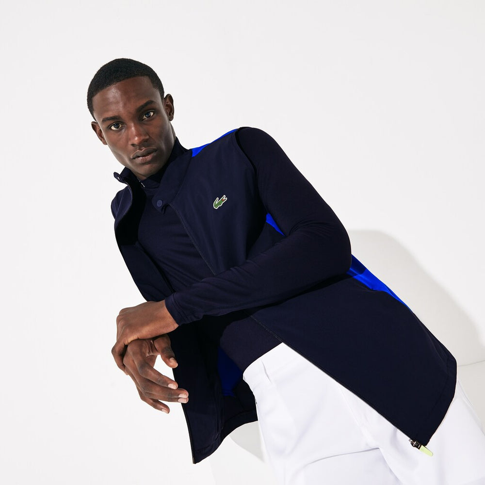 Mens SPORT Stretch Zip Golf Rain Vest | Lacoste Navy Blue / Blue / Flashy Yellow • 4Cs