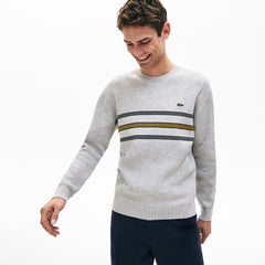Mens Crewneck Striped Texturized Piqué Sweater | Lacoste Grey Chine / Navy Blue / Yellow • 1Fr