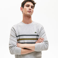 Mens Crewneck Striped Texturized Piqué Sweater | Lacoste Grey Chine / Navy Blue / Yellow • 1Fr