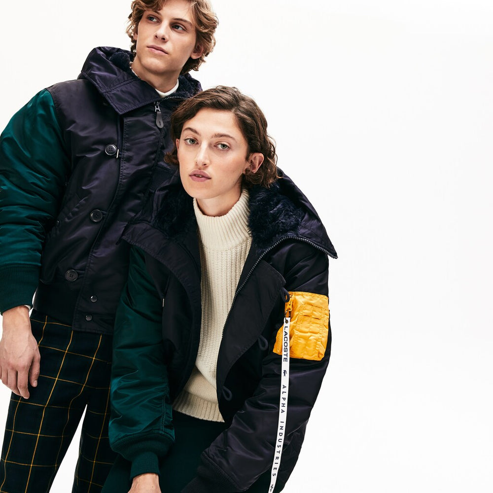 Mens Unisex Lacoste x Alpha Industries Colorblock Flightjacket | Lacoste Dark Grey / Navy Blue / Green / Yellow • Zb1