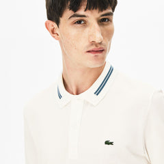 Mens Slim Fit Stripe-Accented Cotton Piqué Polo | Lacoste White • 70V