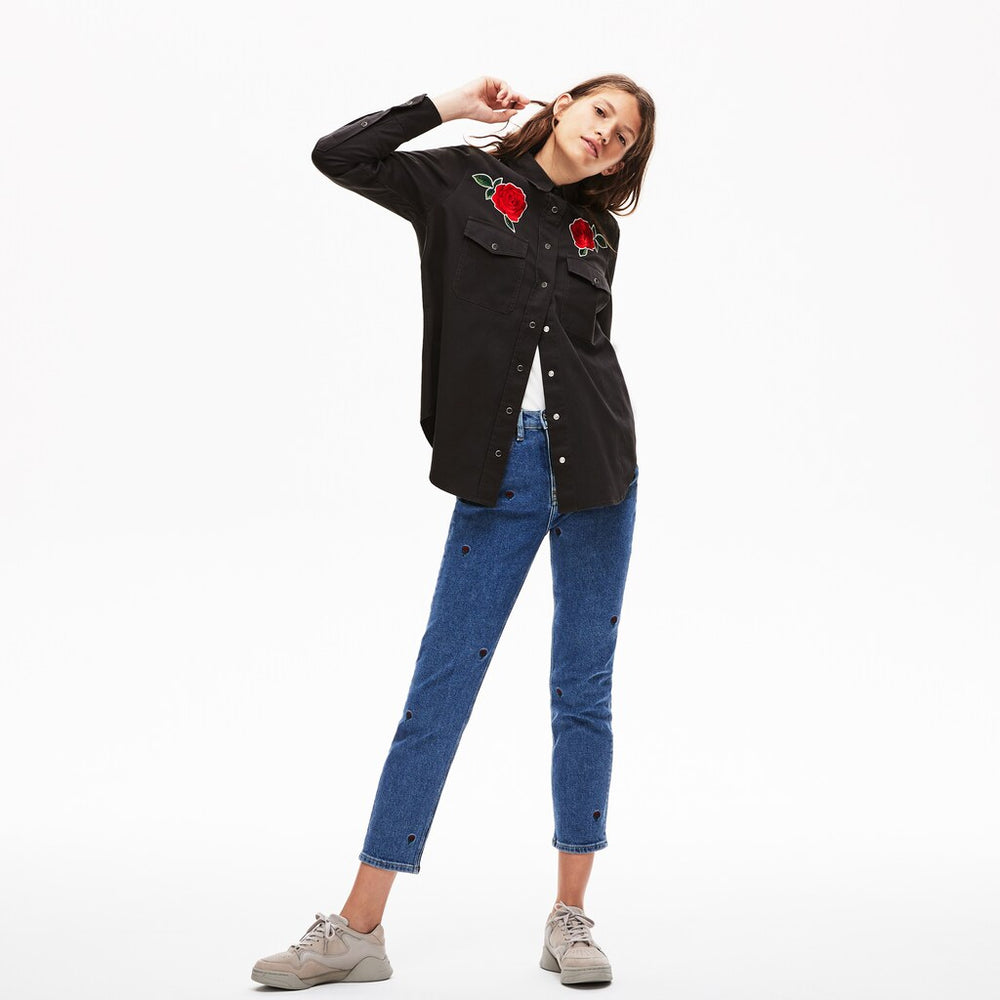 Womens Wo LIVE Rose-Embroidered Cotton Shirt | Lacoste Dark Grey • S5T