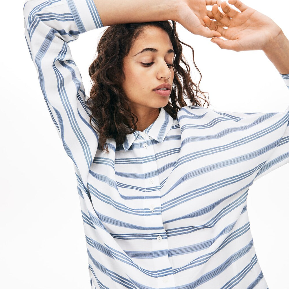 Womens Wo Loose Fit Striped Lightweight Cotton Shirt | Lacoste White / Navy Blue / Blue • 1A7