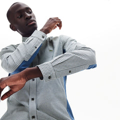 Mens Regular Fit Paneled Print-Blocked Cotton Shirt | Lacoste Blue / White / Navy Blue • 1R2