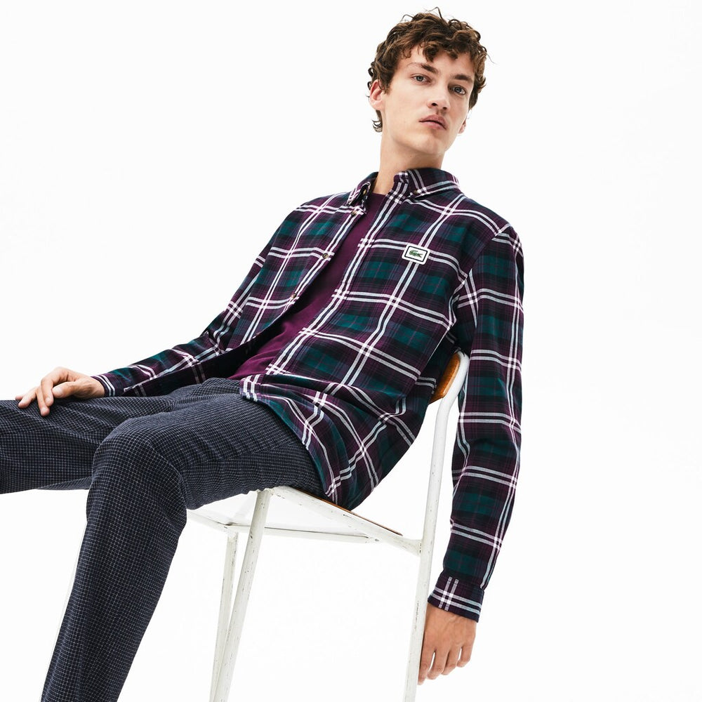 Mens Regular Fit Checkered Flannel Overshirt | Lacoste Bordeaux / White • 91Q