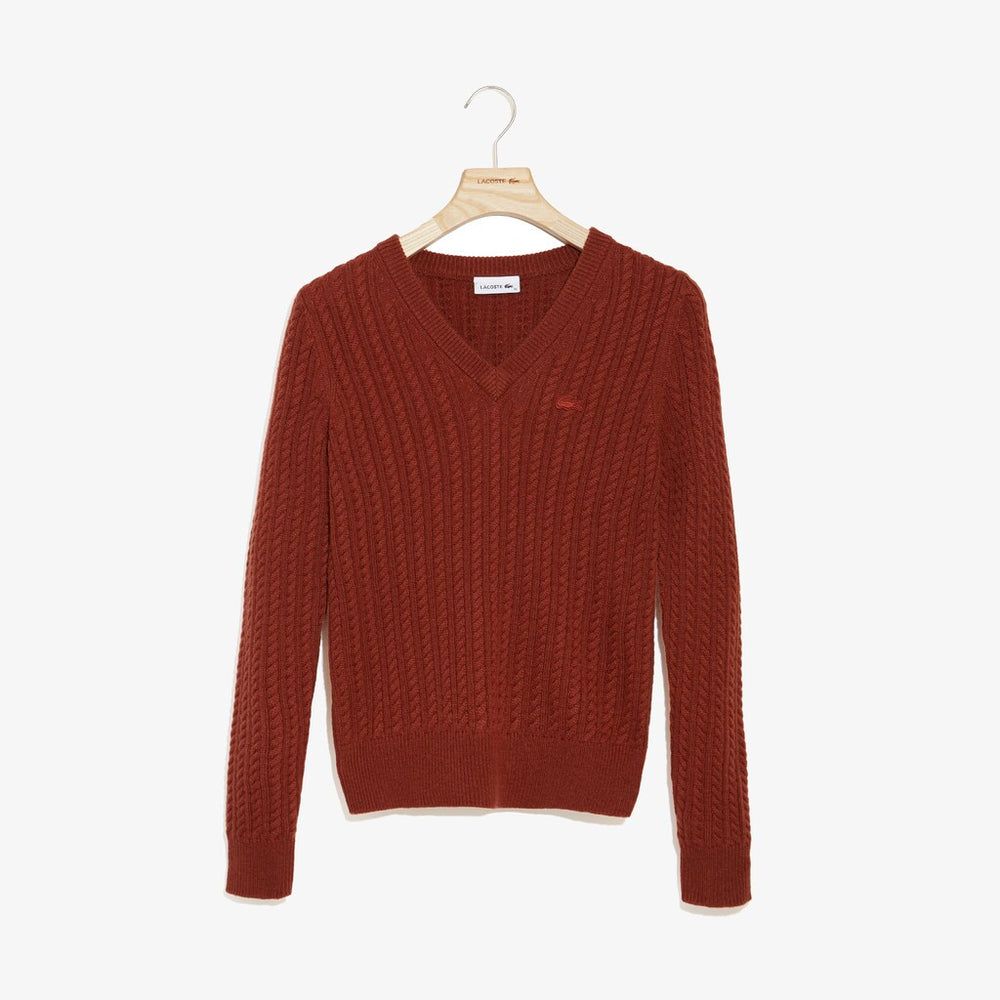 Womens Wo Wool And Cashmere Blend Cable Knit Sweater | Lacoste Brown • 5C0