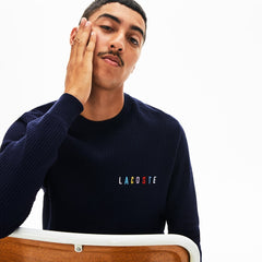 Mens Crewneck Embroidered Cotton Blend Sweater | Lacoste Navy Blue • 166