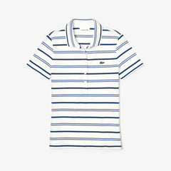 Womens Wo Slim Fit Striped Stretch Piqué Polo Shirt | Lacoste White / Blue / Navy Blue • 14V