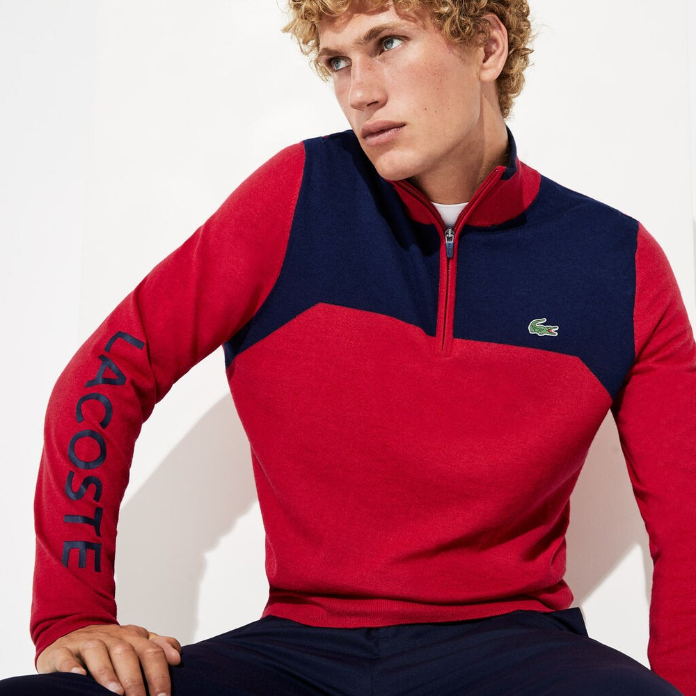 Mens SPORT Zip-Up Technical Wool Sweater | Lacoste Red / Navy Blue • 9Ml