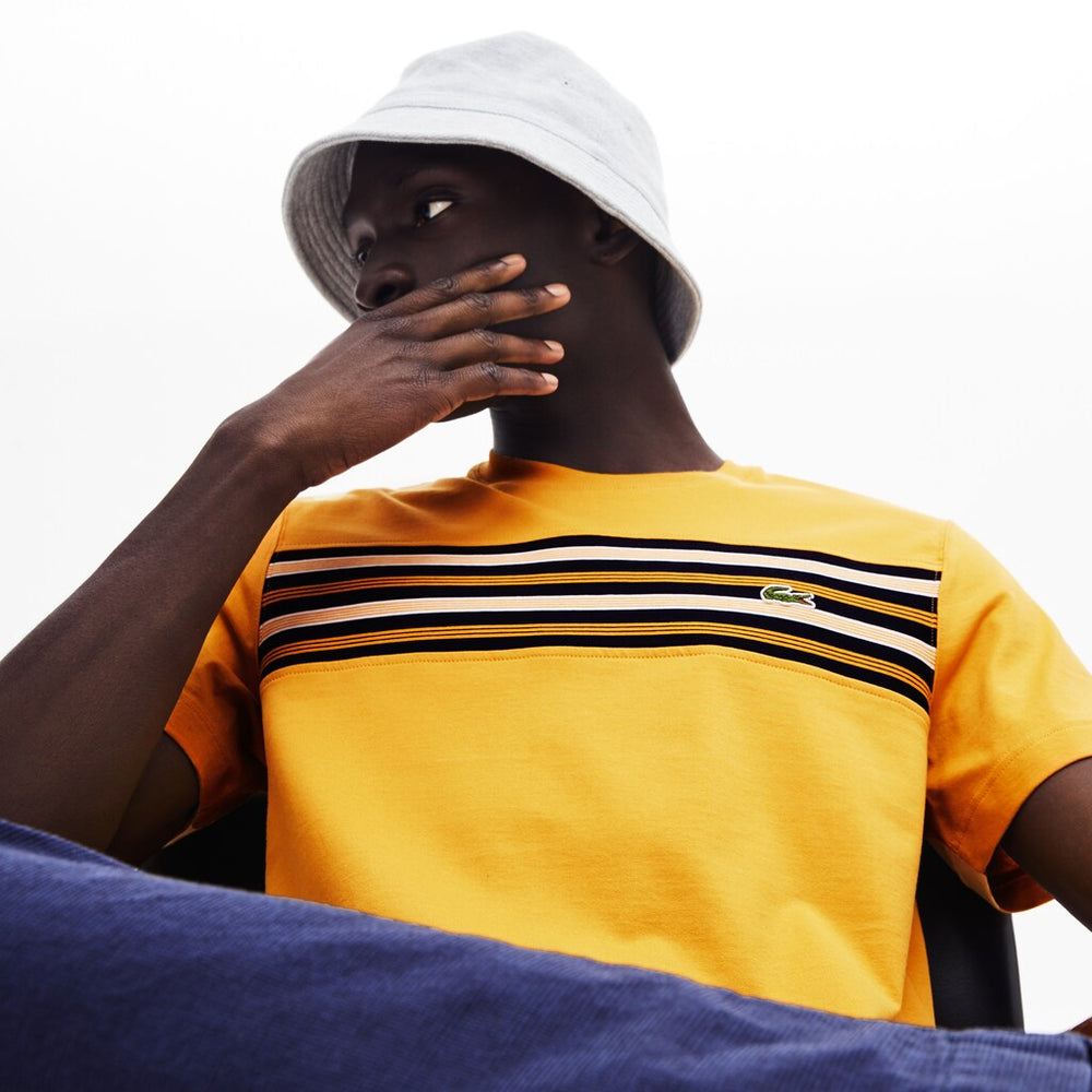 Mens Crew Neck Striped Panel Cotton T-shirt | Lacoste Yellow • 4Bw
