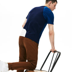 Mens Crewneck Color-Blocked Thermoregulating Piqué T-Shirt | Lacoste Blue / White / Navy Blue • 225