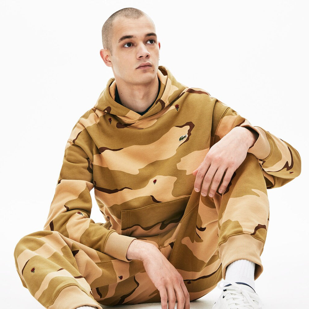Mens LIVE Hooded Camo Print Fleece Sweatshirt | Lacoste Beige / White • 2Ug