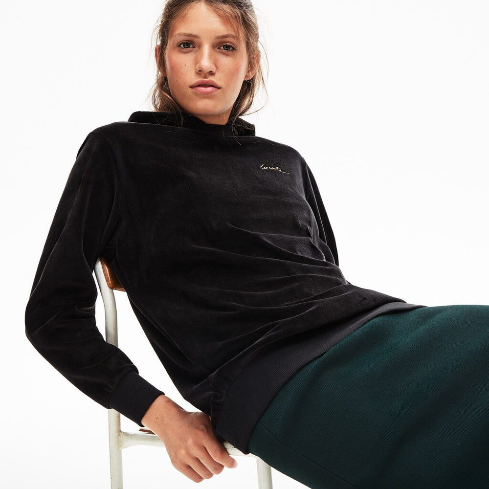 Womens Wo LIVE Golden Signature Hooded Velvet Sweatshirt | Lacoste Black • 031