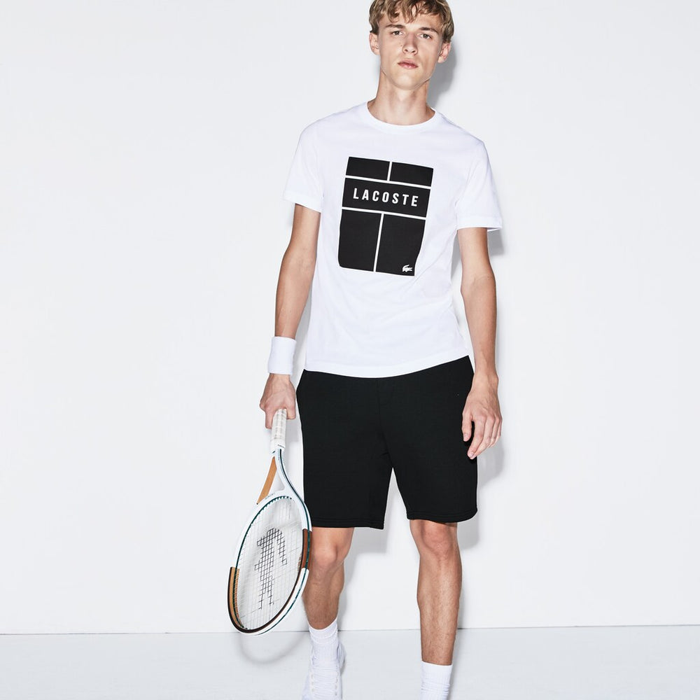 Mens SPORT Crew Neck Lettering Jersey Tennis T-shirt | Lacoste White / Black / White • Bld