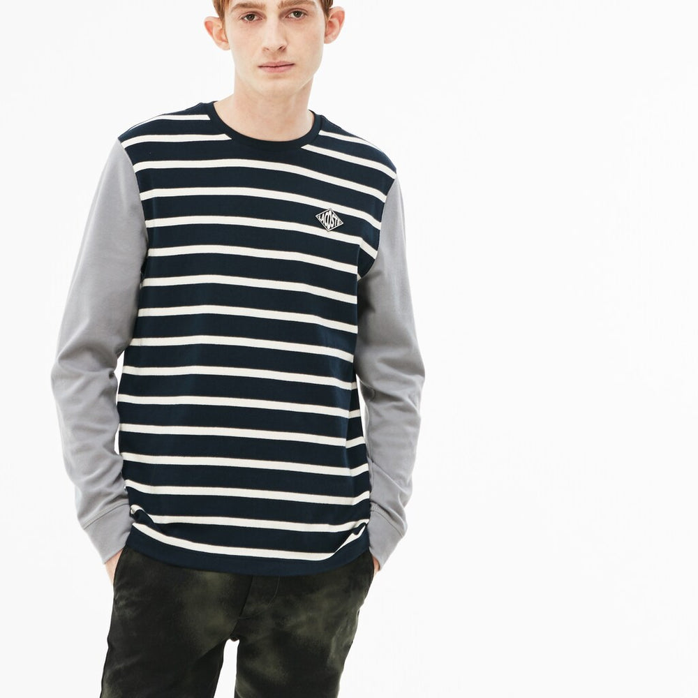Mens LIVE Striped Cotton Jersey T-shirt | Lacoste Blue / White / Dark Grey • D9Z