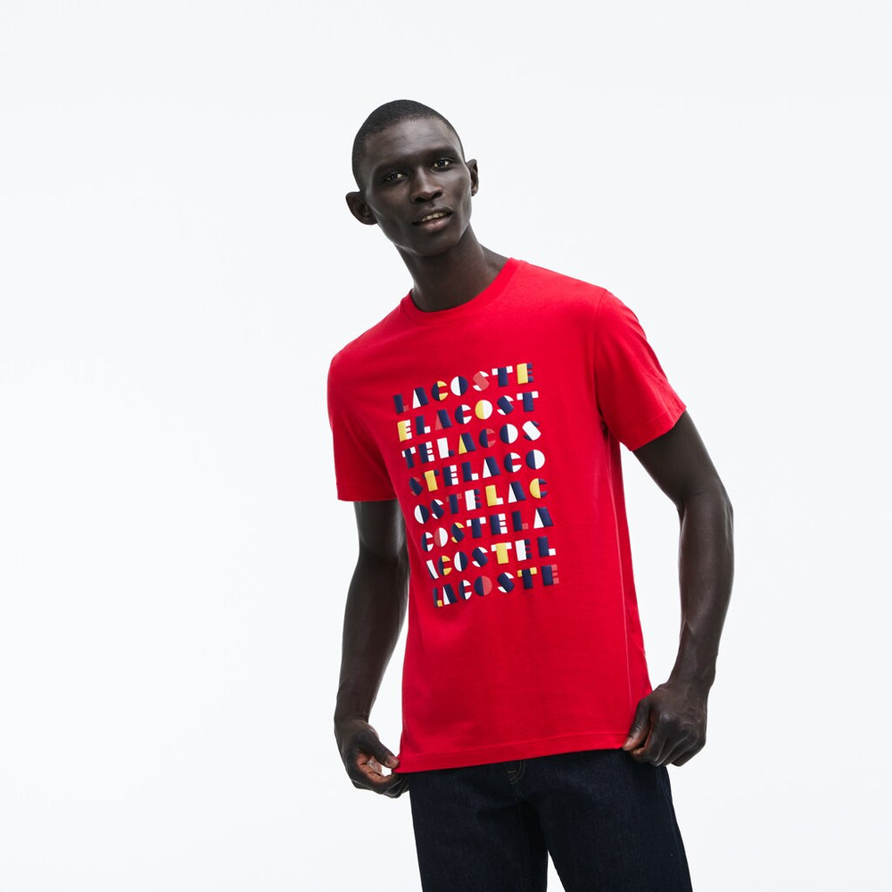 Mens Crew Neck 3D Lettering Cotton Jersey T-shirt | Lacoste Red • Dpe