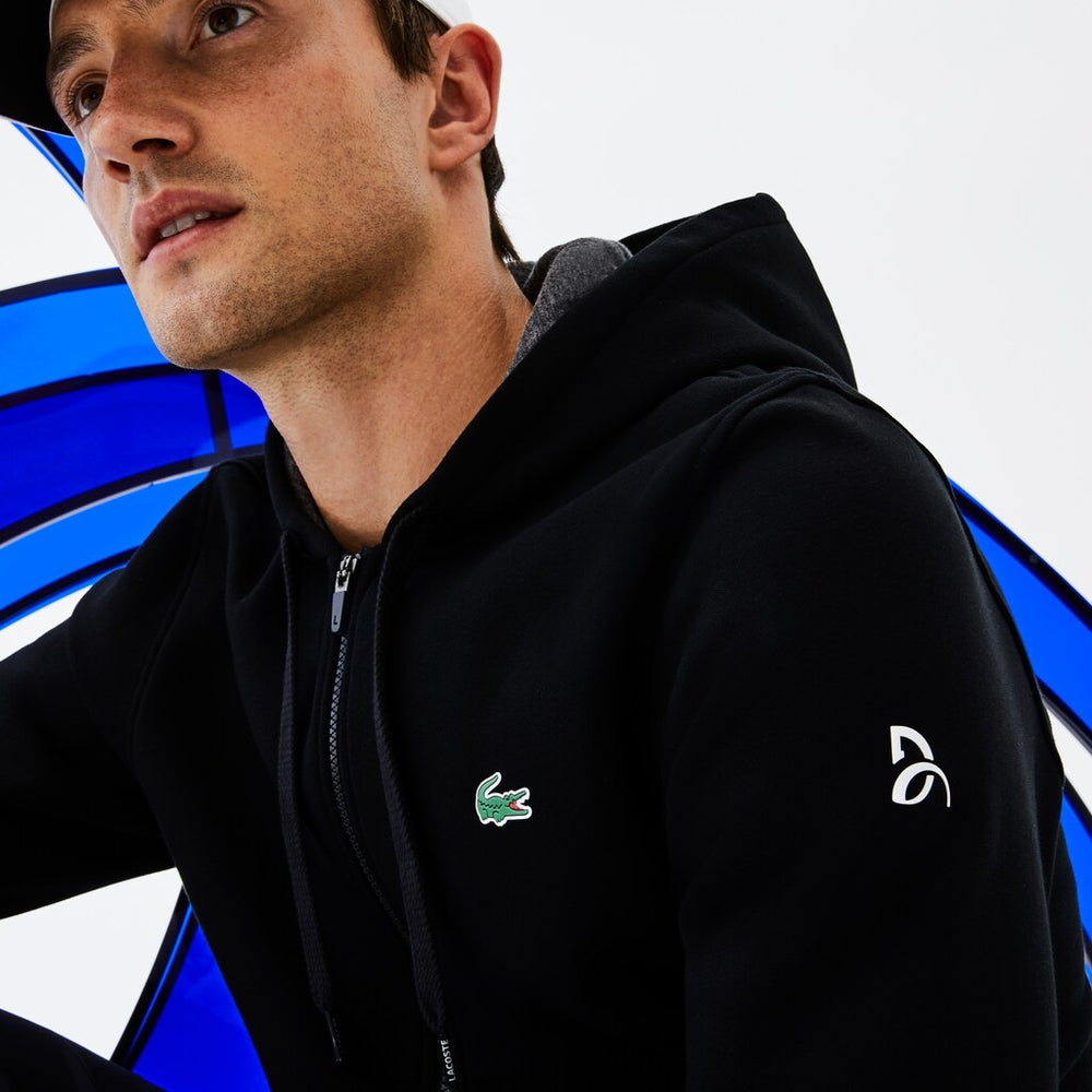 Mens SPORT Novak Djokovic Technical Fleece Hooded Zip Sweatshirt | Lacoste Black / Grey Chine / White • G44