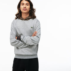 Mens LIVE Leopard Print Hood Fleece Sweatshirt | Lacoste Grey Chine / White • D9R