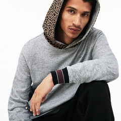 Mens LIVE Leopard Print Hood Fleece Sweatshirt | Lacoste Grey Chine / White • D9R