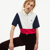 Womens Wo Zip Neck Colorblock Terrycloth Piqué Polo | Lacoste White / Navy Blue / Red • Av3