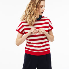 Womens Wo Back Button Colorblock Striped Piqué Polo | Lacoste White / Red / Navy Blue • B3V