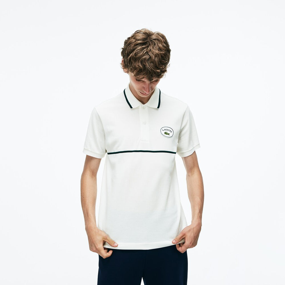 Mens Regular Fit Striped Accents Petit Piqué Polo | Lacoste White / Navy Blue / Green • C06